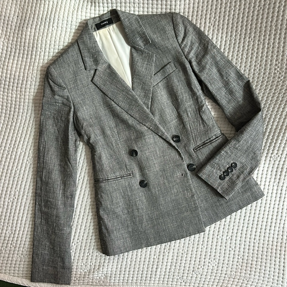 Theory Women’s Double Breasted Linen Blazer, Black/Ivory